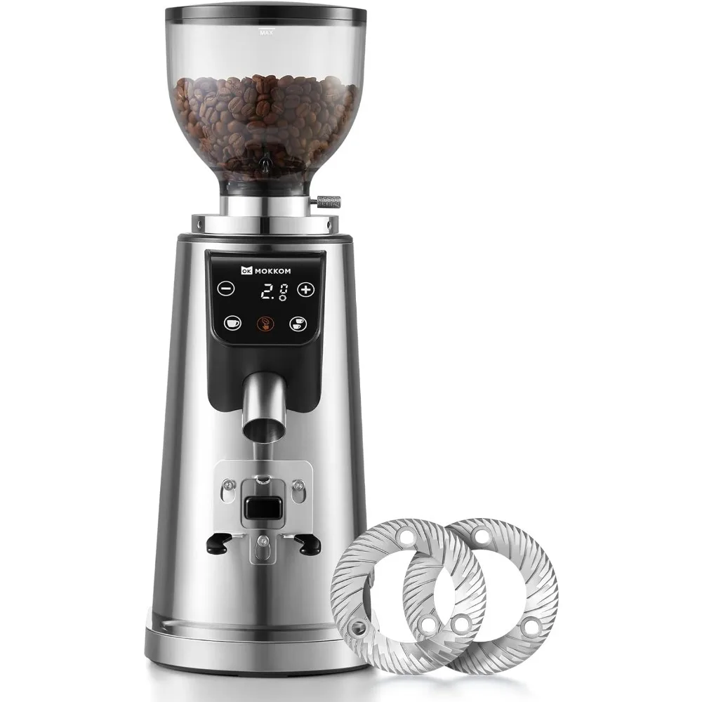 Professional 64mm Flat Burr Coffee Grinder 100 Grind Settings Stainless Steel Adjustable Electronic Timer Anti Static LED