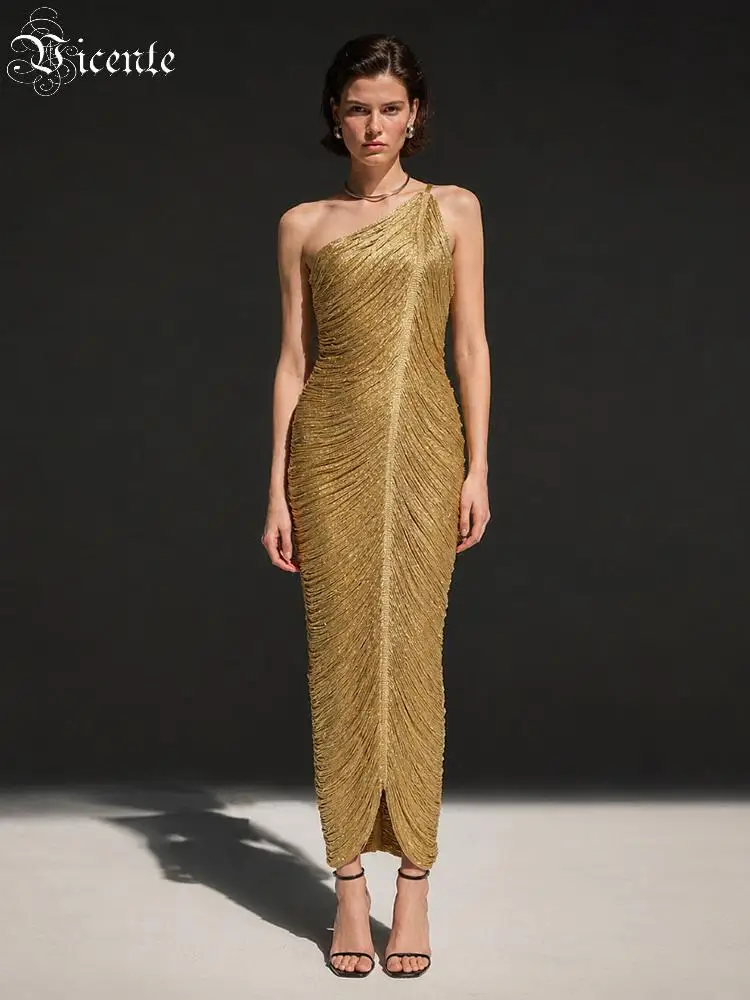VC Gold One Shoulder Evening Dress Women Ruched Bodycon Bandage Midi Dress Elegant Beaded Cocktail Party Gown for Wedding Guest