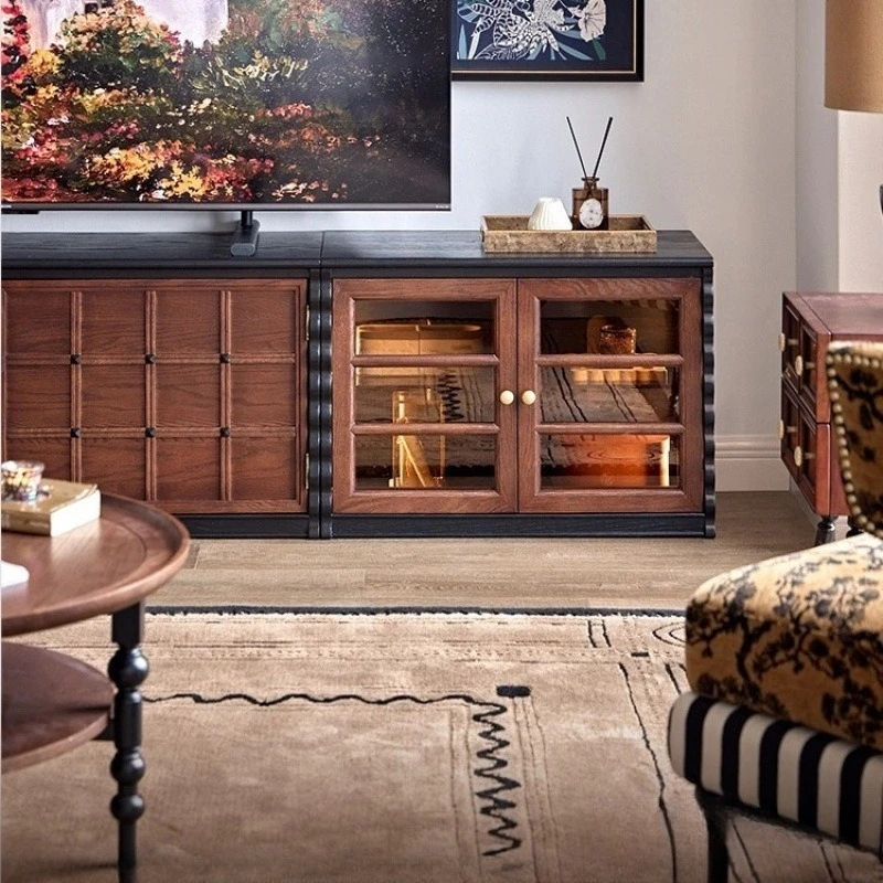 Mesa de centro francesa de madera maciza, mueble de TV negro, combinación de sala de estar americana, armario pequeño para apartamento, almacenamiento de suelo retro