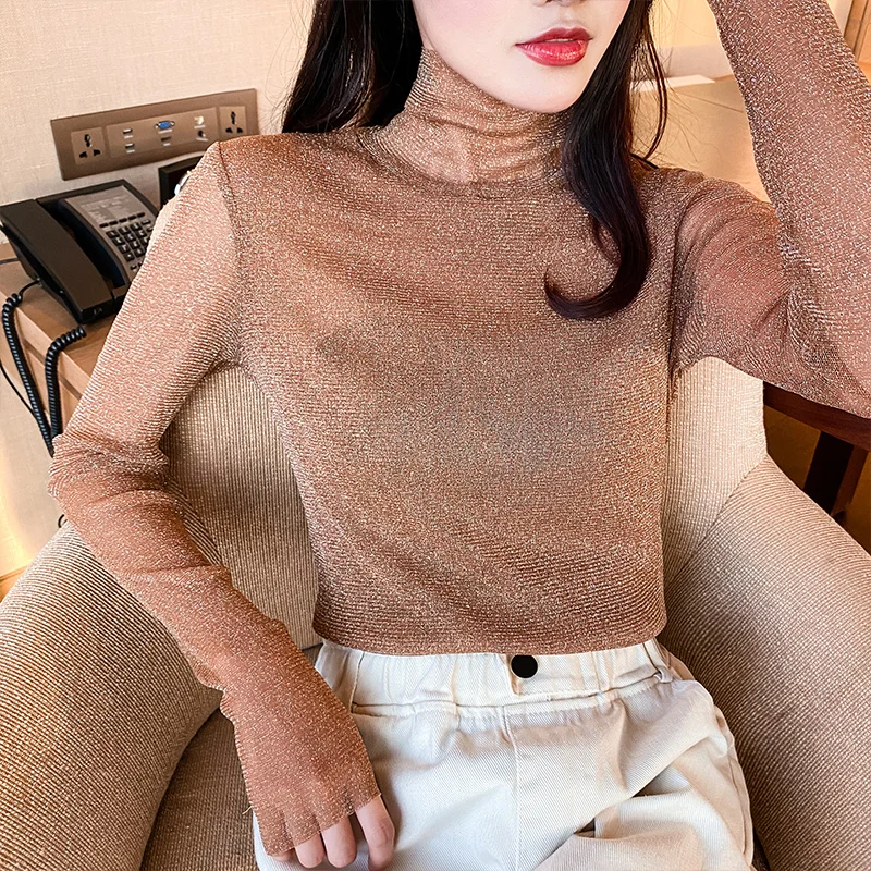 

Ele Lace Me Base irt Women's Autumn Winter High Collar Inner Thin irt See tough Pile Ne Lace Top Faionable Sl...