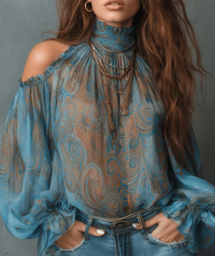 Women'S Fashion From The 70S - Boho Paisley Print Chiffon Top Women