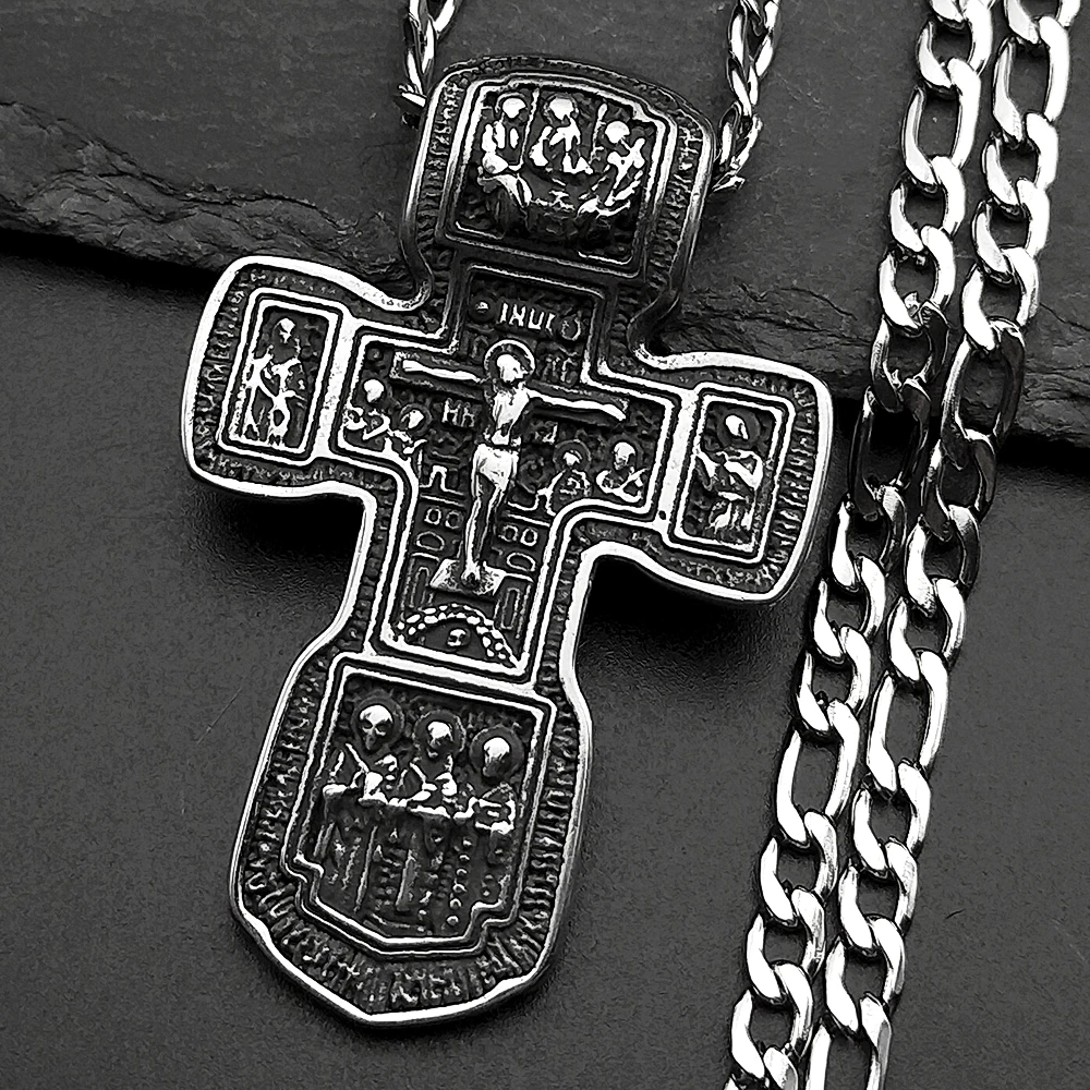 Jesus Crucifix Cross Orthodox Necklace for Women Men Stainless Steel Christian Believer Chain Necklace Vintage Charm Jewelry