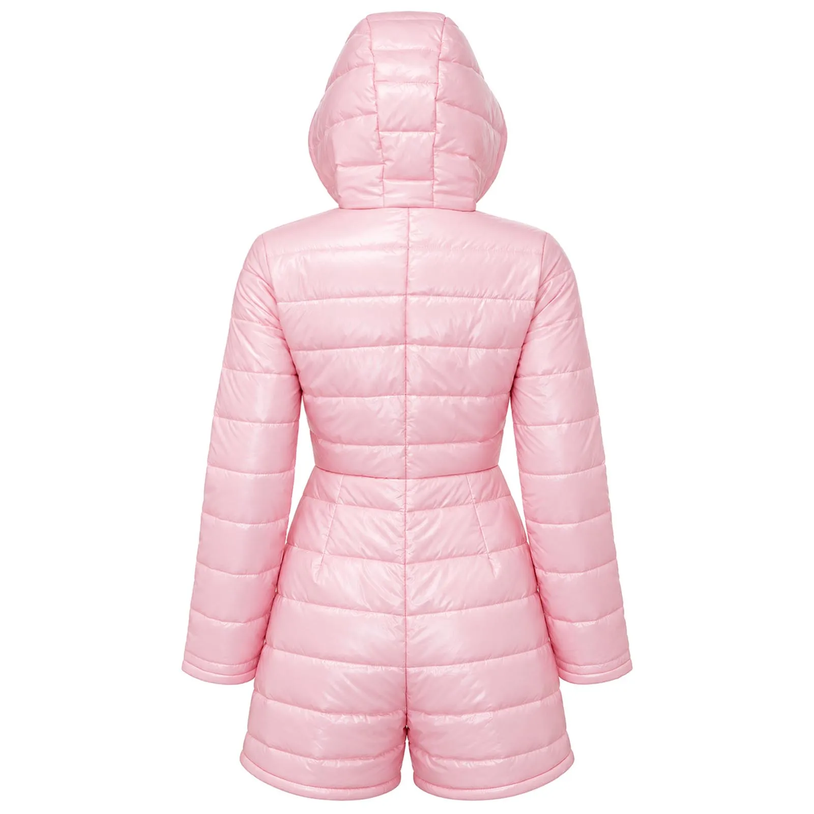 Women Hooded Skiing Jumpsuit Water Resistant Padded Bodysuit Long Sleeve Zipper Front Thigh Length Playsuits with Pockets