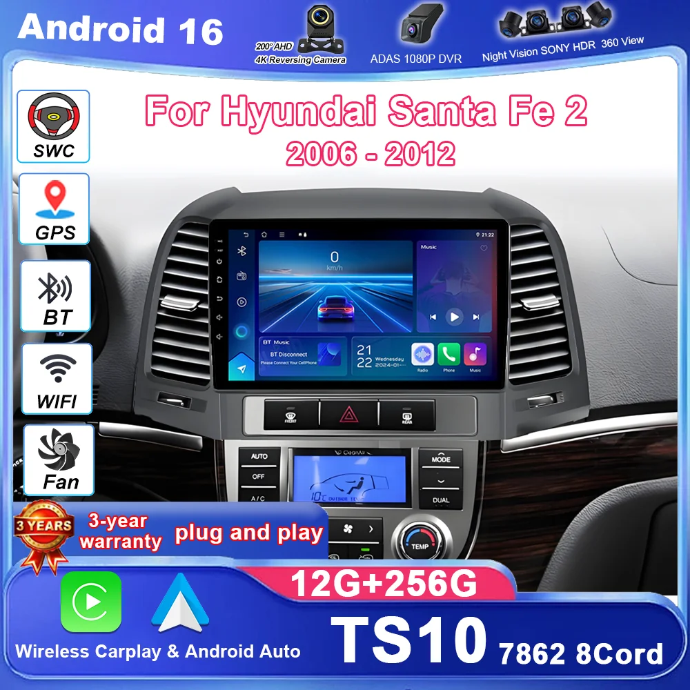 Android 16 para Hyundai Santa Fe 2 2006 - 2012 Auto Radio Estéreo reproductor Multimidia navegación GPS Carplay Android Auto 2din DVD 1