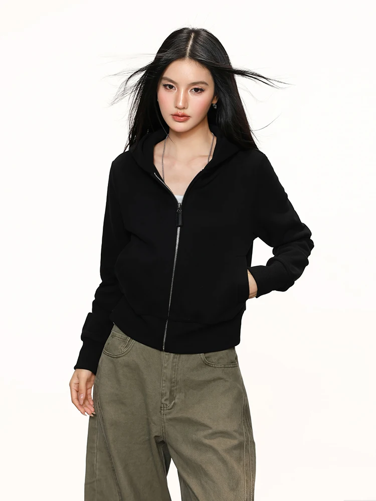 

Женская черная осенняя куртка на молнии с капюшоном в американском стиле Cherry Melody, новая, свободного кроя, с длинными рукавами, повседневный топ