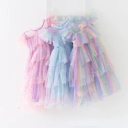 Vestido de princesa de tul para niñas, manga de mosca, arcoíris, estrella, lentejuelas, pastel, malla hinchada, fiesta de cumpleaños