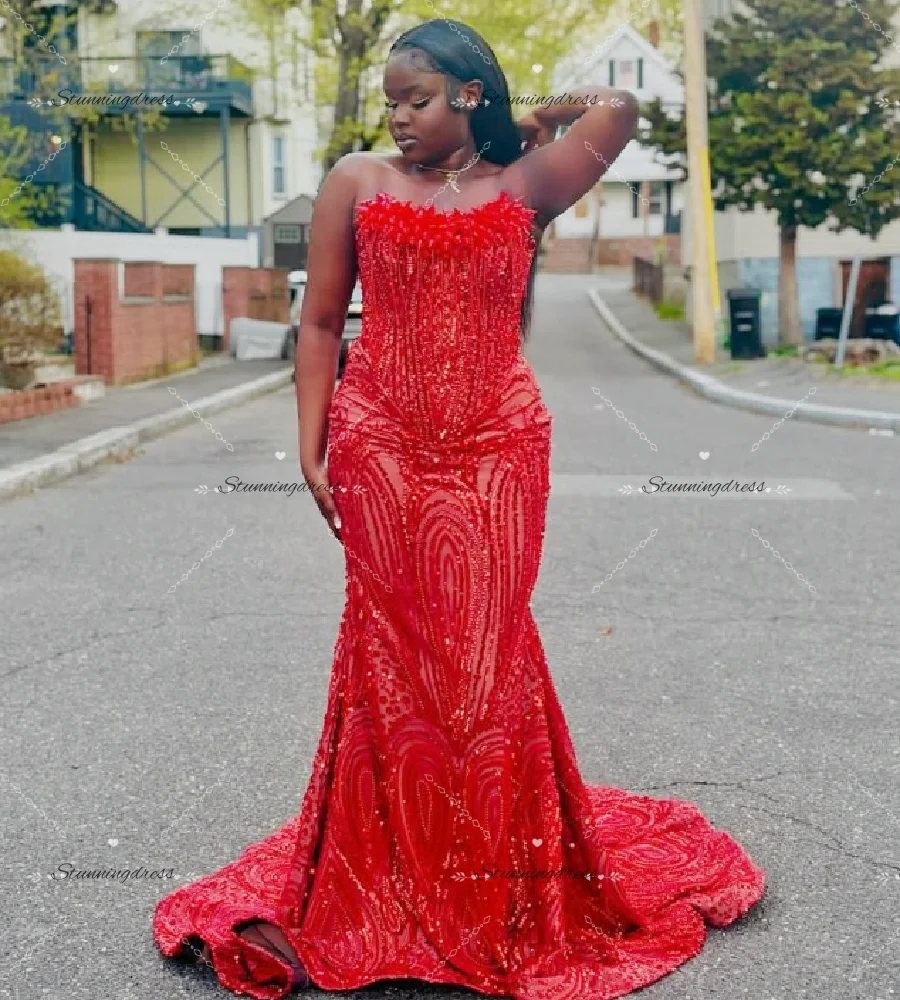

Luxury Red Crystal Mermaid Prom Dresses For Black Girls Strapless Plus Size Sequin Evening Dress 2026 Aso Ebi Formal Birthday