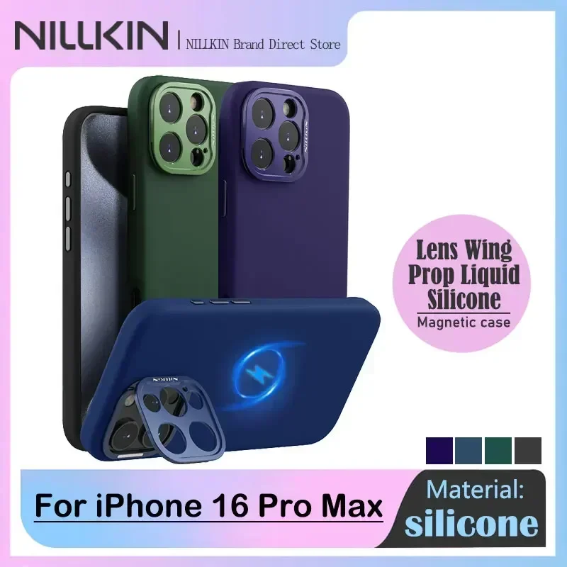 Nillkin Lens Wing Magnetic Case for iPhone 16 Pro Max, Liquid Silicone, Skin-friendly, Back Cover with Camera Stand, Magsafe