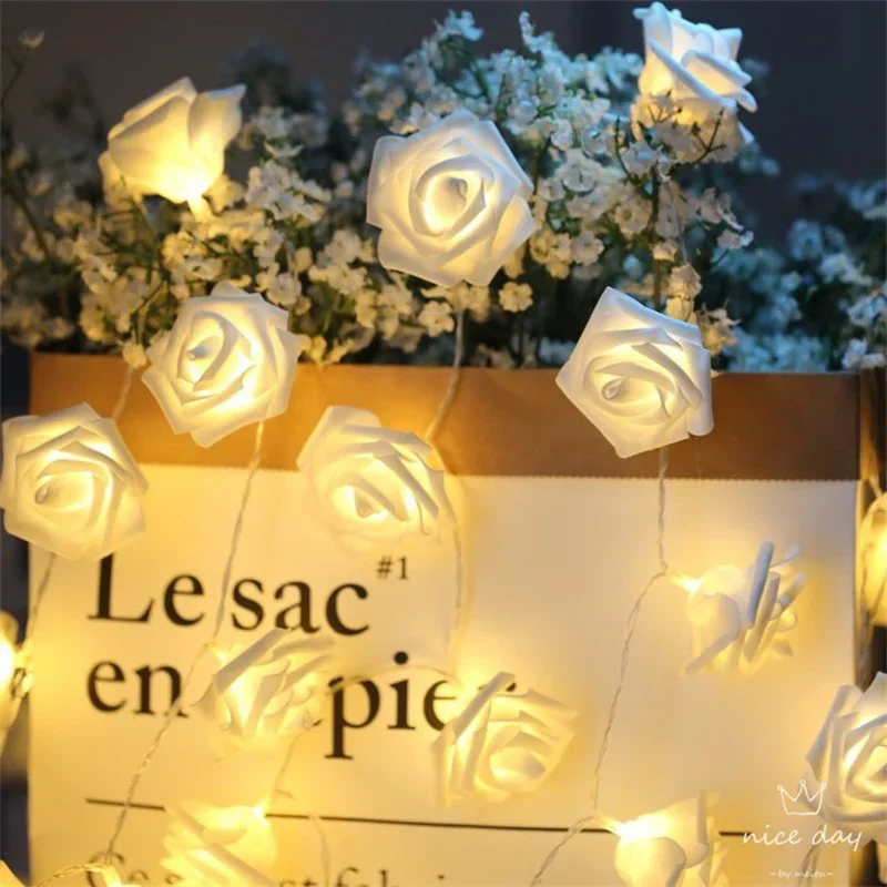 

1Pack 10/20Led White Rose Flower String Lights Battery Operated For Valentine'S Day Wedding Home Party Birthday Decorations