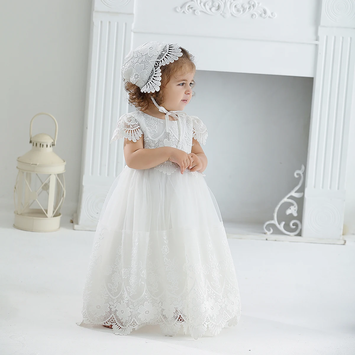 HETISO Baby Girl Baptism Dress with Bonnet Lace Flower White Christening Gowns for Birthday Party Holiday Newborn