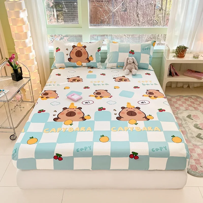 かわいいカピバラ柄フィットシートクイーン綿-100-漫画ベッドカバーチェック柄プリントマットレスカバー弾性寝具子供ティーン用