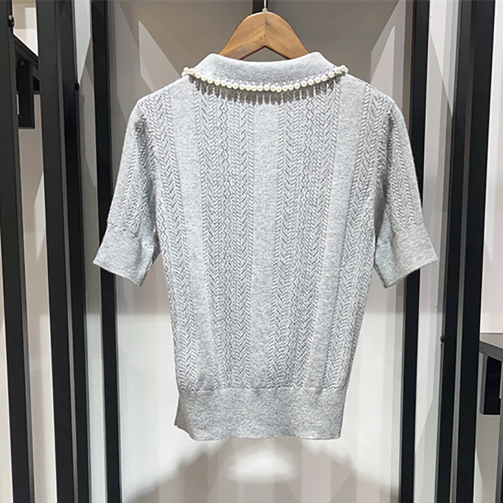 2024 Spring And Summer New Women Pullover Y2k Pearl Decoration Polo Neck Short Sleeve Knit Tops Jacquard Fashion Peplum Sweater