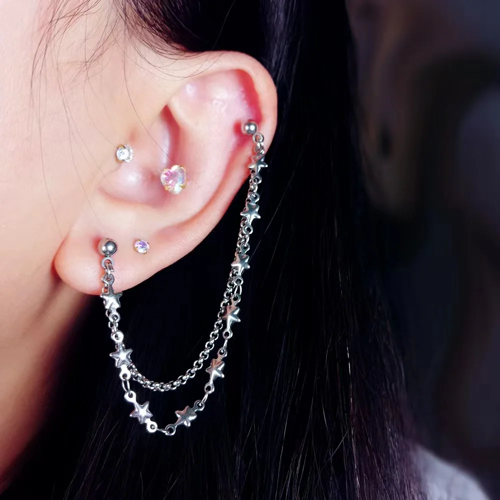 イヤリングハートスター耳ピアピアスキッドイヤリング,ヘリックス耳珠バックパックイヤピース,ステンレススチール,ジュエリーチェーン,パンクカップ