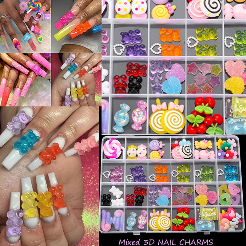 20pc Kawaii Accessories Cute Bear/ Lollipop Resin Nail Art Charms Lovely Candy/Flower Nails Rhinestones DIY Manicure Decorations