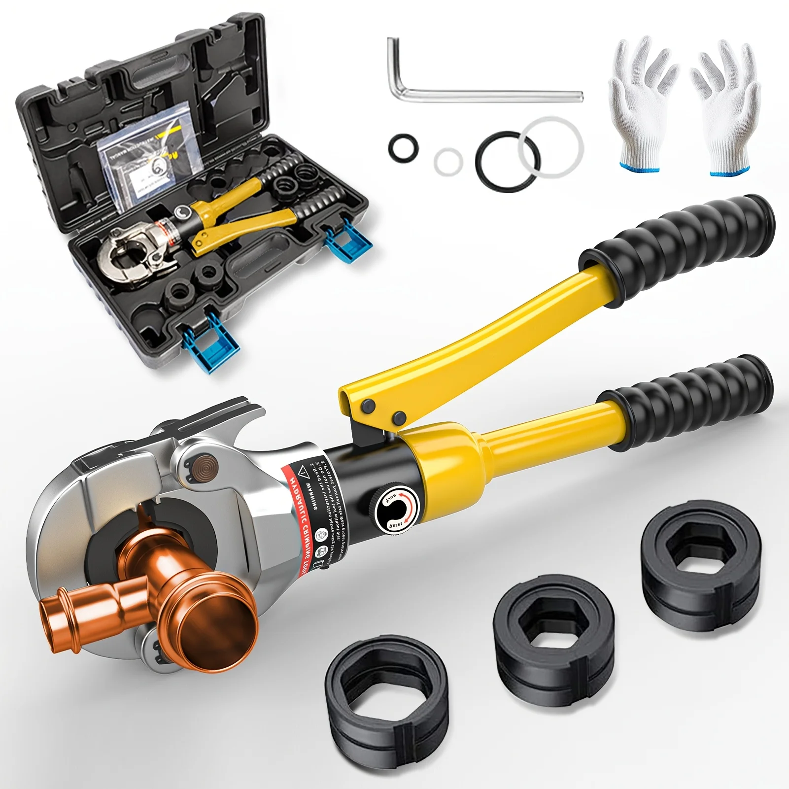 

Hydraulic Crimping Tool, 360 Degree Rotation Copper Press Tool with 1/2", 3/4" And 1", Plumbing Crimping Tool with One-Click Open, Press Tool for Copper Pipe, Narrow Space And Tee Fitting, Hydraulically Driven