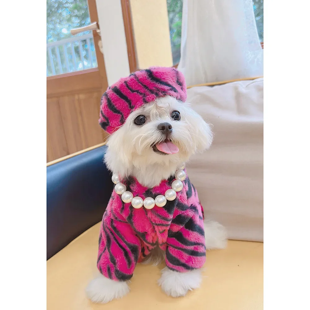 Pet Autumn and Winter Fur Cloak Striped Hat Dog Shawl Pet Clothes Winter Dog Clothes Leather Pet Coat Cat Clothes for Small Dogs