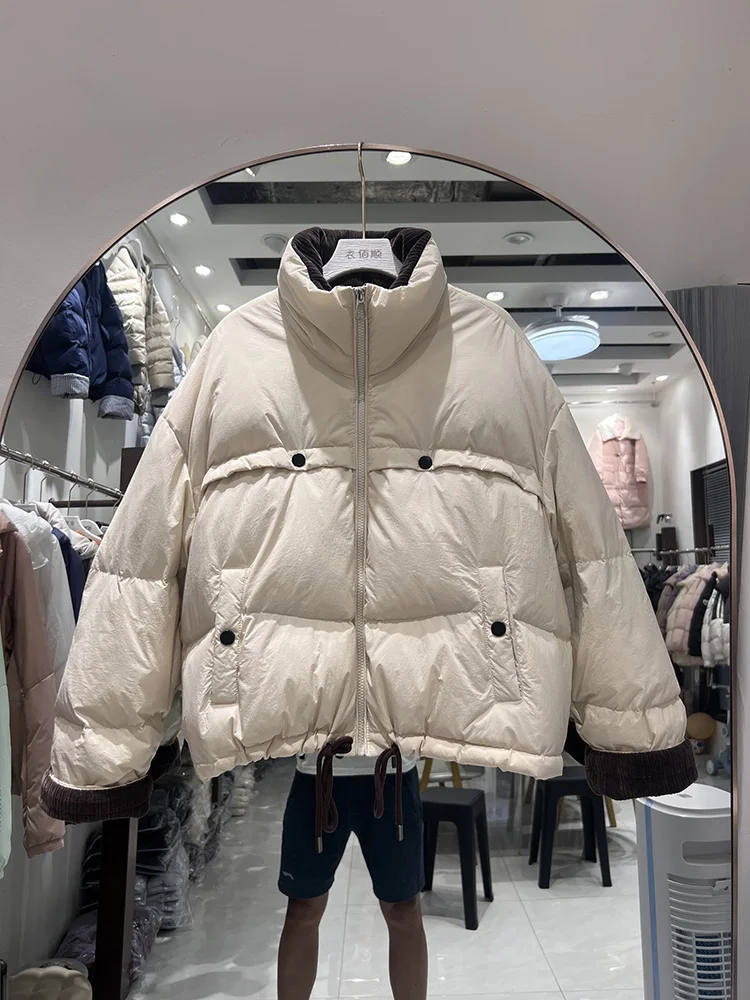 

Corduroy splicing stand up collar down jacket for women in 2025 new short style fashionable button white duck down jacket