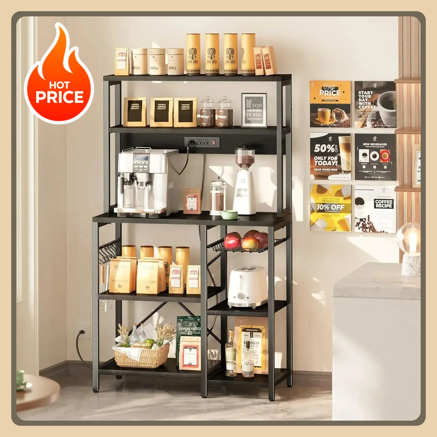 

Bakers Rack with 6 S-Shaped Hooks, Coffee Bar with Wire Basket with Power Outlet, 35.4 Inches Kitchen Microwave Stand