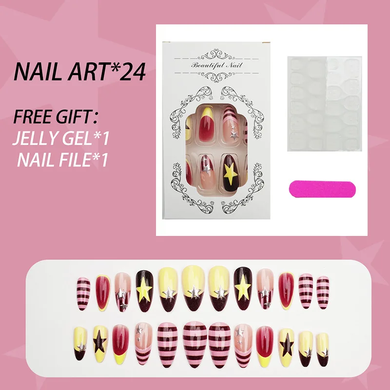 24pcs Wine Red & Yellow Star Nail Tips Sweet Cool Striped French Almond Nails Wearable Nail Art Designs for Easy Application