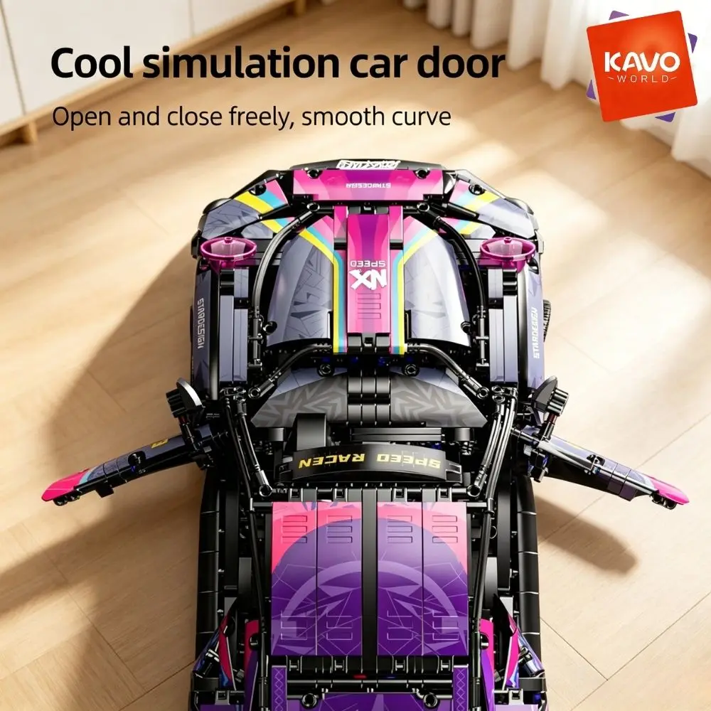 KAVOWORLD 1611PCS Purple Supercar Model Set 1:10 Scale Quick Assembly Racing Car Building Blocks Kit DIY Race Car Cyberpunk Designed Model with Opening Doors Streamlined Body Rear Wing Exquisite Stickers Christmas Birthday Gift for Home Desk Decor