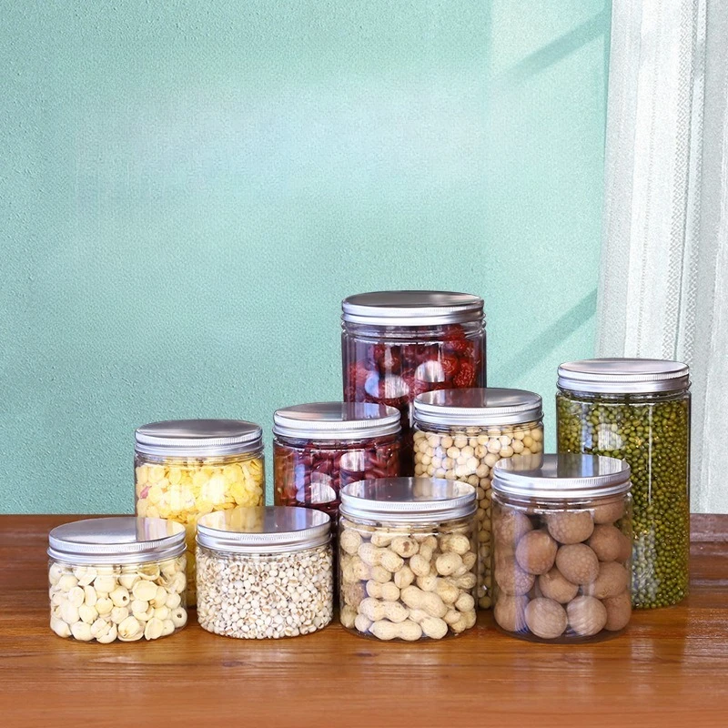 

Прозрачные пластиковые контейнеры для хранения с алюминиевыми завинчивающимися крышками, емкости для хранения продуктов: орехов, печенья, бобов, специй и для кухонной кладовой.