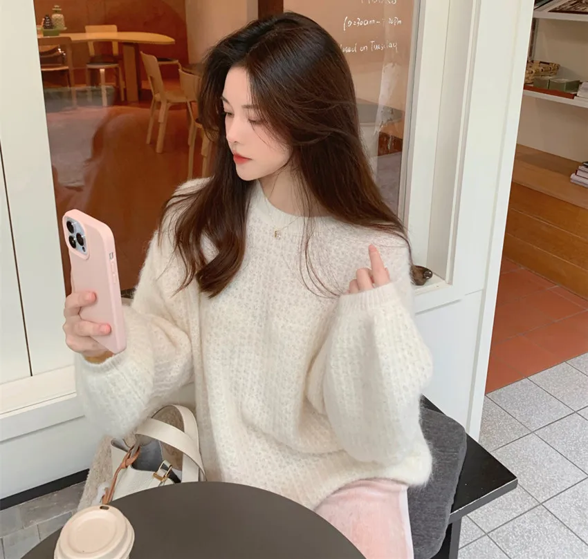 Oversized Loose Soft Warm Knitted Pullover Jumper 2023 New Autumn Winter Pink/Beige Round Collar Long Sleeve Casual Sweater Tops