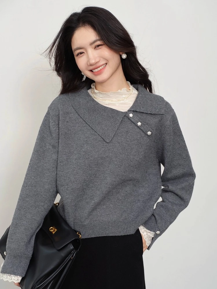 ALXNAN سترات رمادية من الدانتيل المرقعة بياقة مائلة وأزرار فضفاضة تناسب البلوفرات القصيرة بحاشية مرنة ملابس نسائية رومانسية L57319