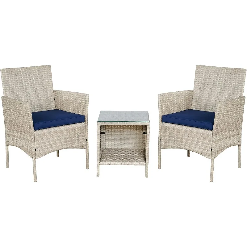 

Outdoor Wicker Conversation 3 Pcs Set Garden Patio Furniture,2 Chairs Cushions Side Storage Glass Table Stone Gray/Navy Blue