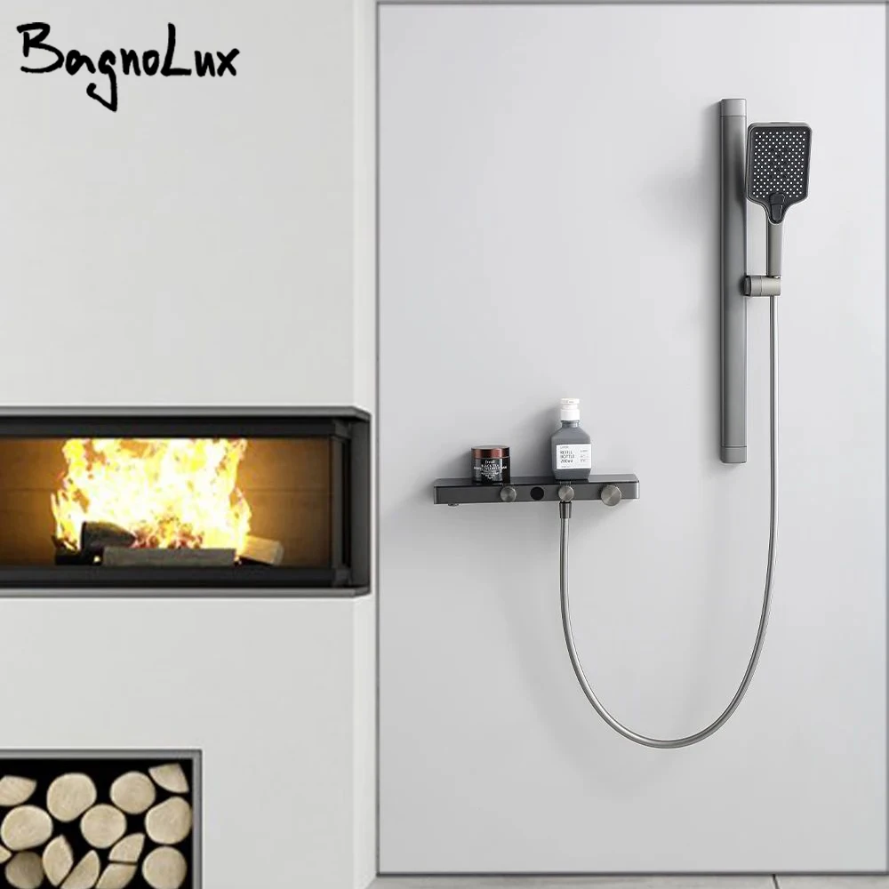 

Термостатический смеситель для душа, подъемный стержень, латунная полка, 2 функции, носик и ручной душ, кран для горячей и холодной ванны, 2 модели, кран для ванной комнаты