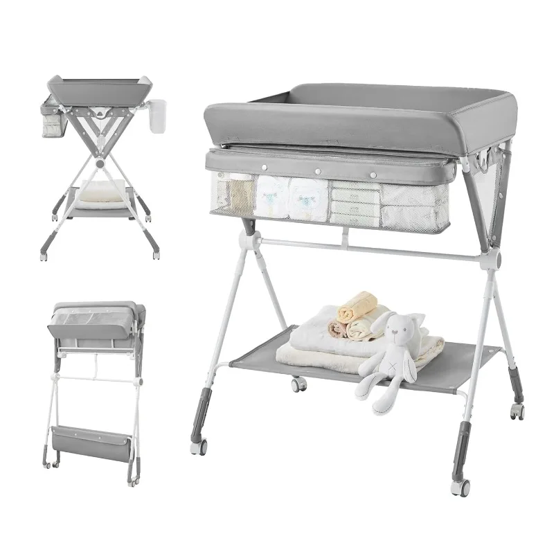 

Baby Changing Table, Foldable Diaper Changing Table with Wheels for Nursery, Toddler Changing Table with Adjustable Hei