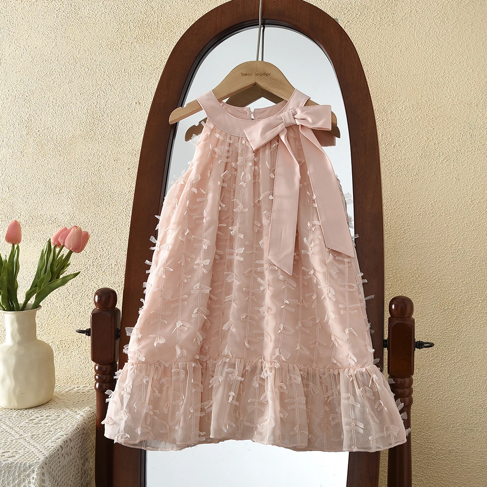 Pink Hanging Neck Bow Fringed Fringe A-line Princess Dress Birthday Party for Girls Aged 3-7 Summer Korean Version