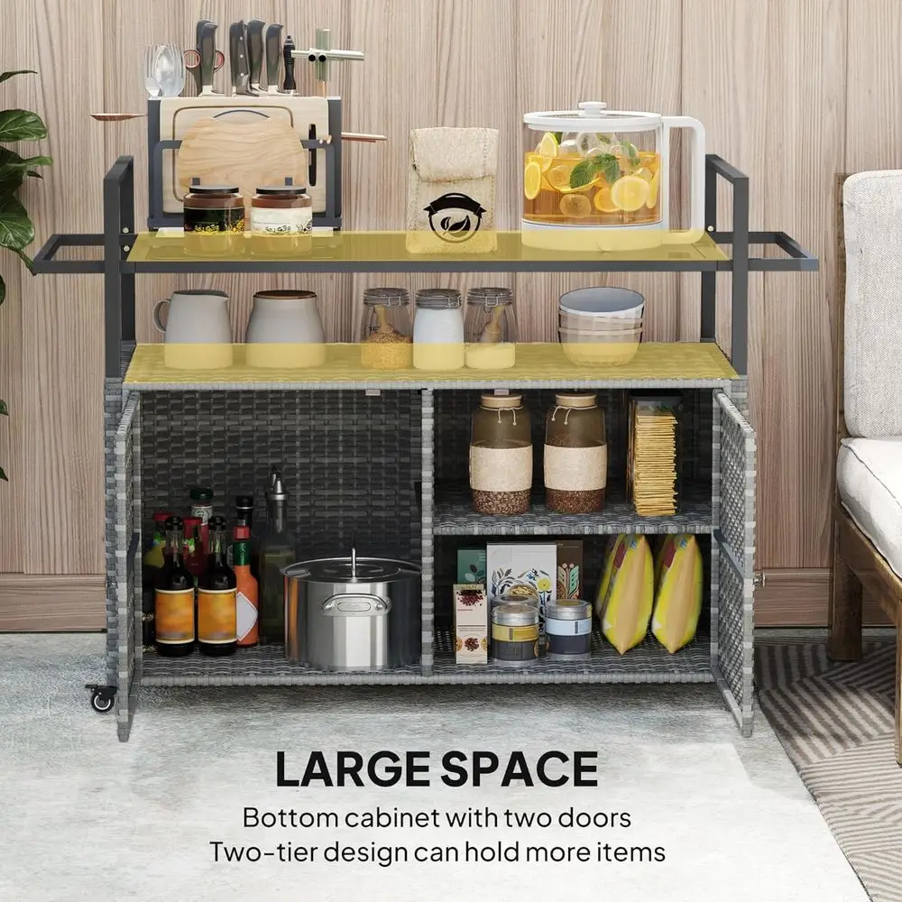 PE Rattan Outdoor Storage Cabinet, Wicker Outdoor Bar Table Kitchen Island with Wheels & 2-Tier Shel, Patio Serving Cart with Gl view 5