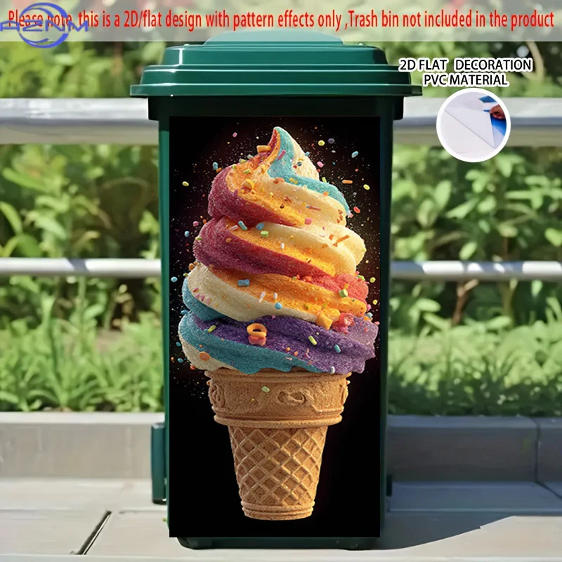 2D Flat Printing 1pc 2D Pattern Printed Kitchen Trash Can Sticker, xcm, Colorful Ice Cream Cone Feast Theme Kitchen Home Decor