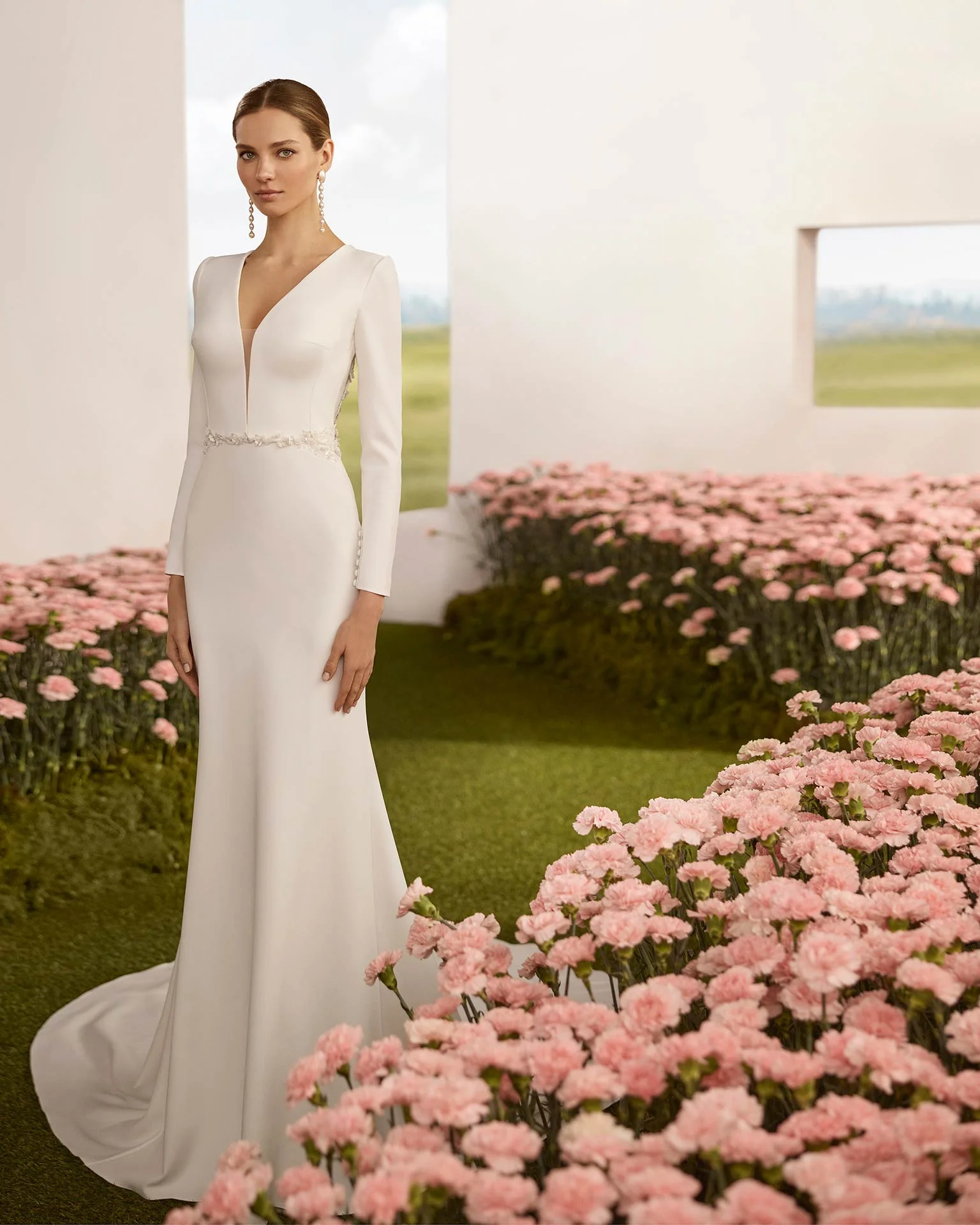 

2025 Latest Customized Elegant Women's Deep V-Neck Long Sleeved Wedding Dress With Lace Hollow Tailored Skirt At The Back