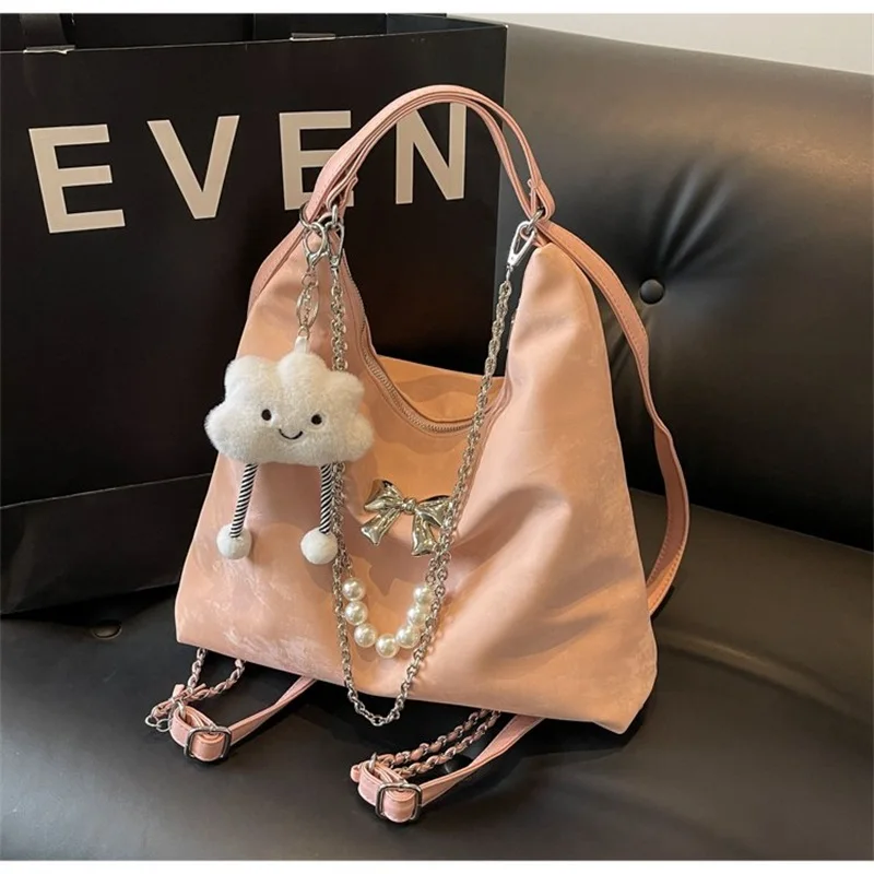 

Charming Microsuede Women's Bag 4-Way Convertible Shoulder Crossbody Backpack Tote with Cloud Charm Bow & Pearl Chain Cute Daily