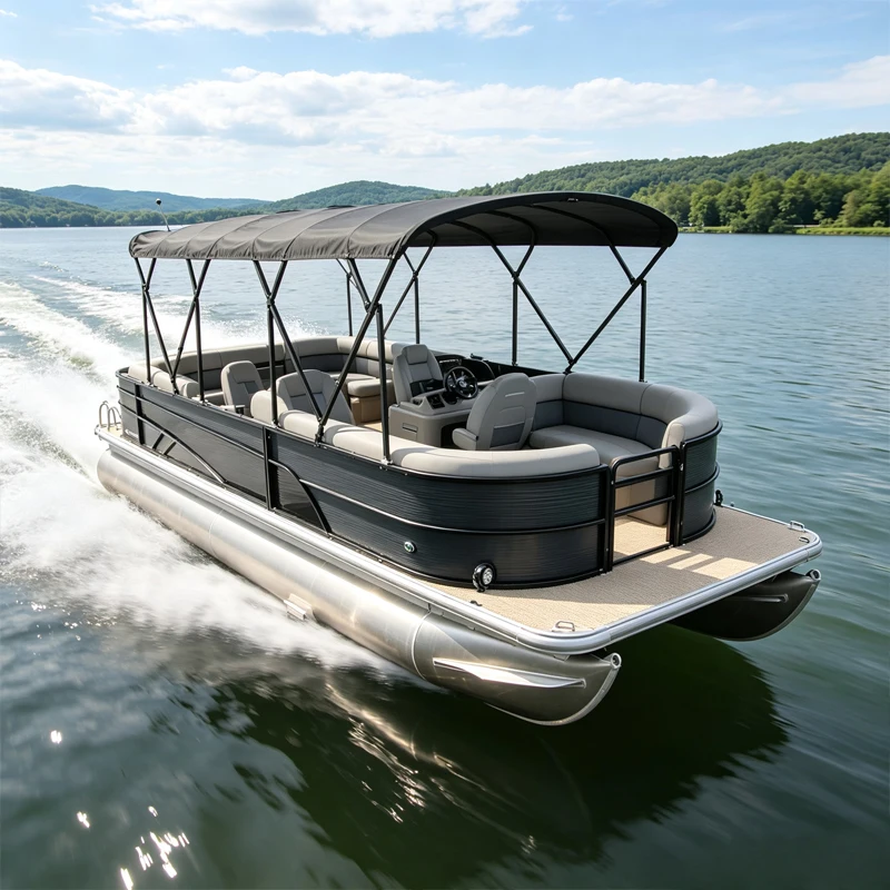 Multi-Purpose Black Pontoon Boat For Fishing And Family Entertainment Customized