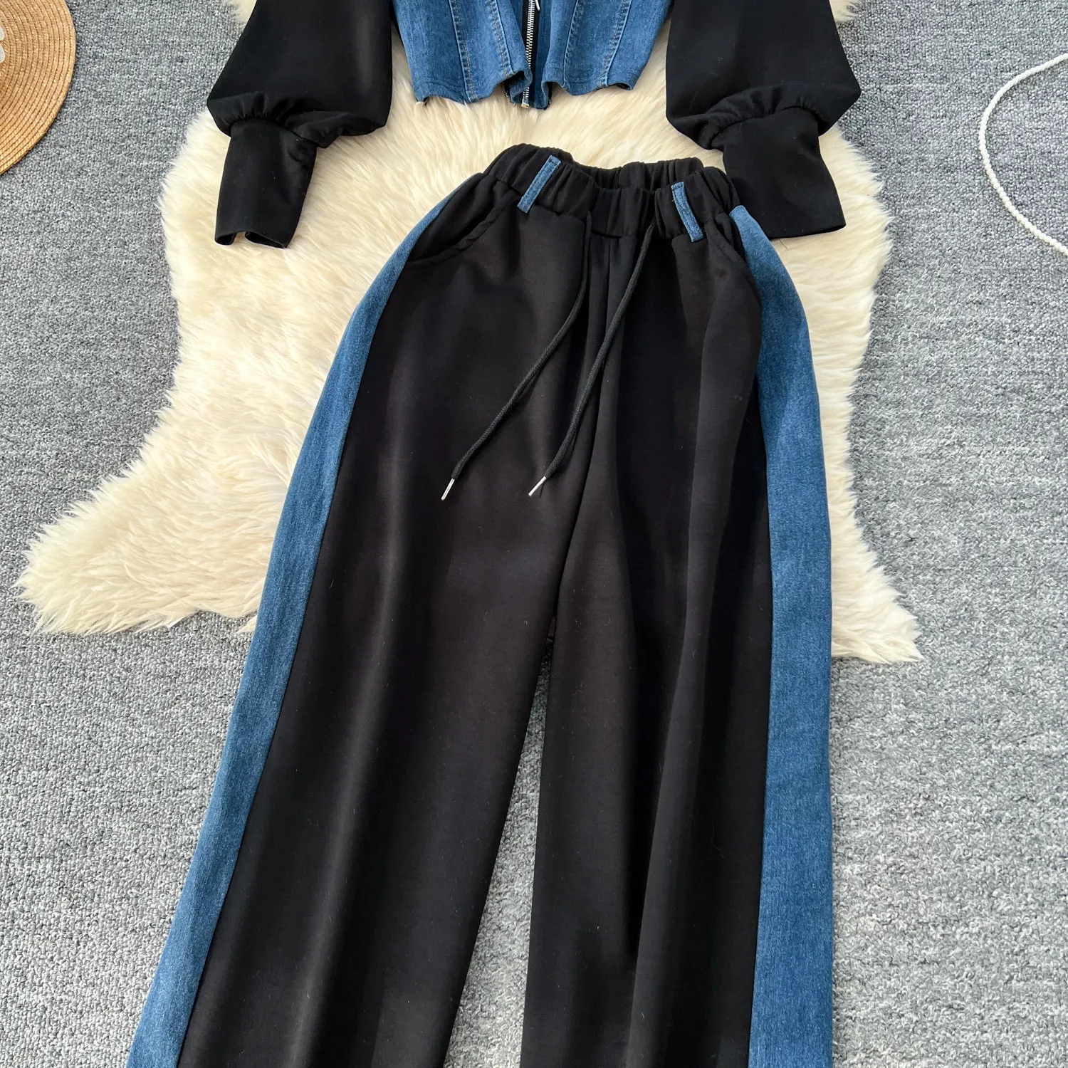 Hong Kong Style Denim Splicing Two-piece Set Women Autumn Hooded High Street Zipper Coats Drawstring High Waist Wide Leg Pants