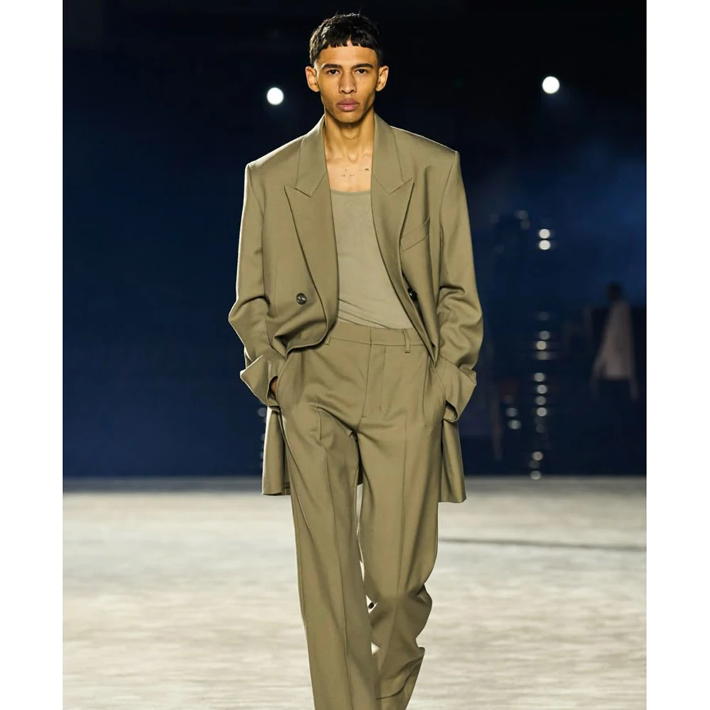 

Sage Khaki Oversized Men Double-Breasted Suit 2 Piece Long Coat Wide-Leg Pants Set Peak Lapel Office Casual Male Outfits