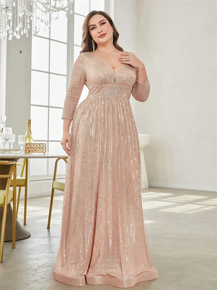 Plus Size Luxury V-Neck Long Sleeves Sequins Evening Dresses Elegant Women Wedding Party Prom Maxi Cocktail Gowns