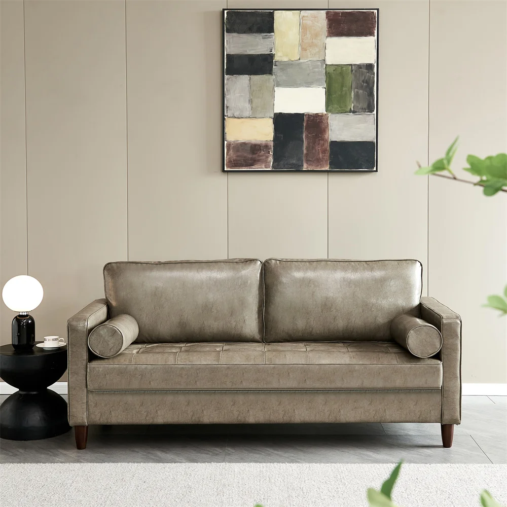 #￥European Modern Mid-Century Vegan Loveseat 2 Seat Classic Double Cuddler Sofa Home Apartment Small Space Faux Leather Sofa