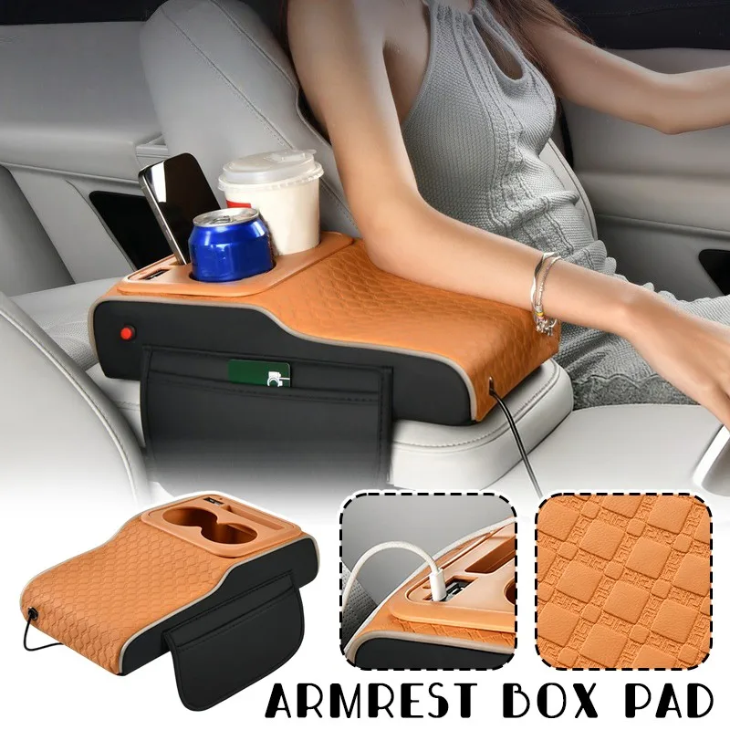 Universal PU Car Armrest Box Pad with USB Charging Port Starry Sky Light Superior Heightening Pad Multifunctional Car ArmrestBox