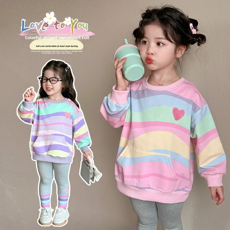Baby Girls Rainbow Striped Spring Autumn Sport Causal Clothing Sets Children Kids Hoody T Shirt Pants Clothes for 2 to 8 years
