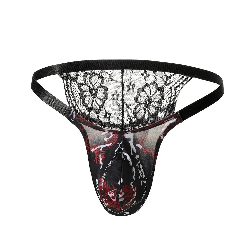 Men Elastic Sexy Briefs Gay Sissy Bulge Pouch Panties Underwear Ultra-Thin EroticThongs Low Waist Lace See Through G-string Mesh
