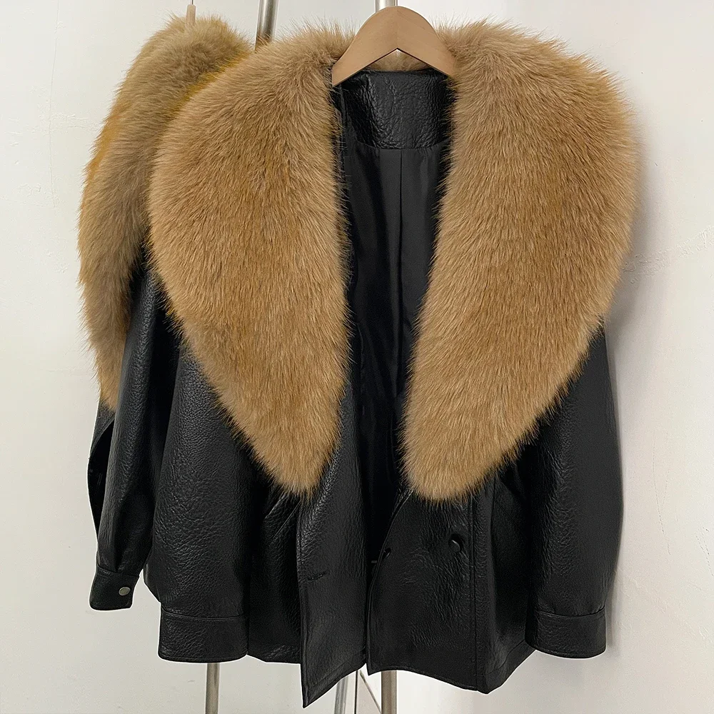 OFTBUY Kurze Freizeitjacke mit Kordelzug am Bund, Damenjacke aus Kunstleder mit Kunstfellkragen, neue, luxuriöse, warme, dicke Winterjacke. – Detail 18