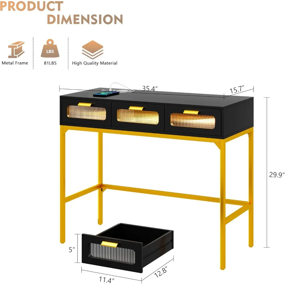 Three in one dressing table, modern dressing table with 3 drawers and 3 color lighting modes, metal frame36