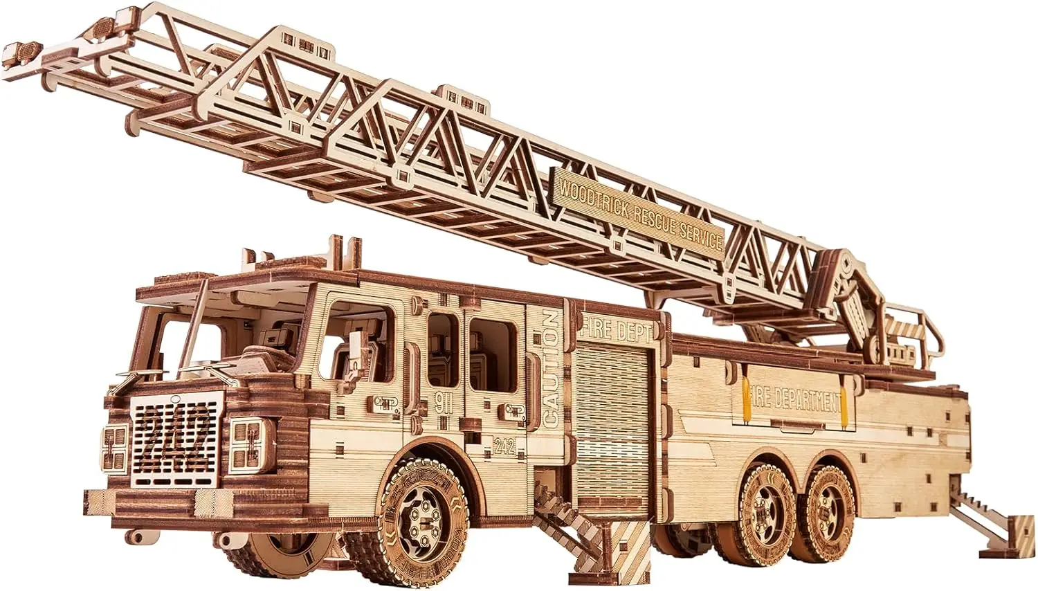 Movable Rescue Firetruck, Rotating Extendable Ladder Rides up to 20ft, 3D Wooden Puzzles, Engineering DIY Mechanical Model Kit