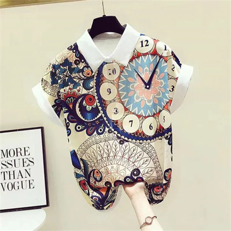 Summer Fashion Printing Streetwear Chiffon Blouse Female Short Sleeve All-match Pullover Top Women Polo-neck Loose Casual Shirt