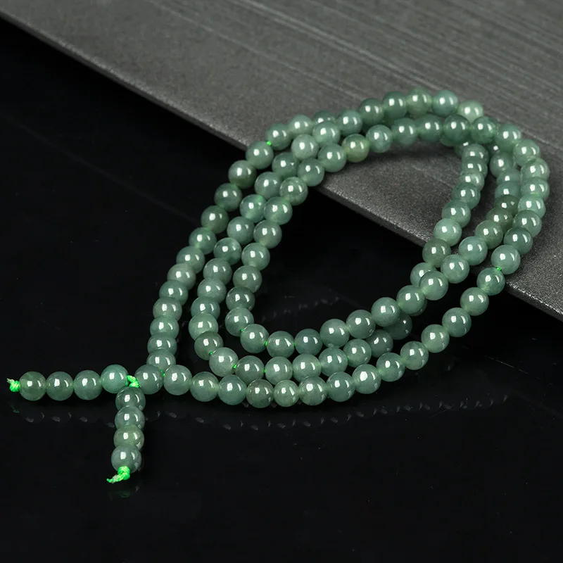 Natural Green Jade 6mm Round Beads Long Necklace with Three Rings Bracelet Traditional Ethnic Playing with Buddhist Jewelry