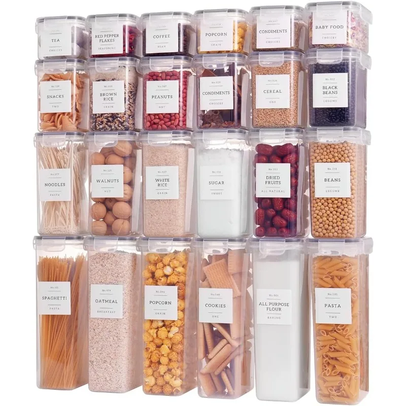 

24 Pcs Airtight Food Storage Containers with Lids - Plastic Kitchen Storage Containers with 132 Pantry Labels Preprinted - Clear