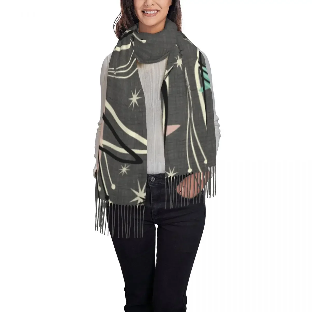 Gray Boomerangs Stars Texture Tassel Scarf Women Soft Mid Century Geometric Shawls Wraps Female Winter Scarves